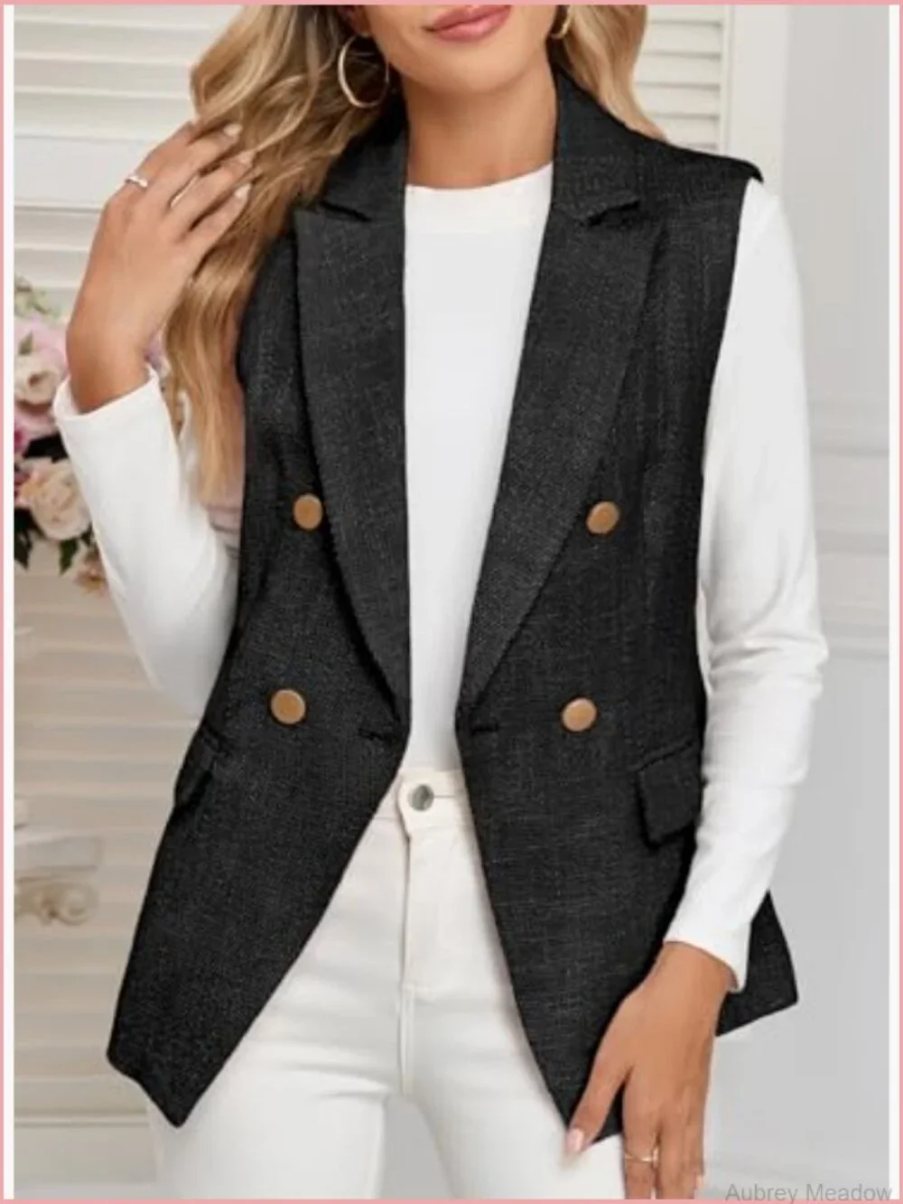 Sleeveless Tweed Blazer Vest Double Breasted Work Suit Jacket with Pockets